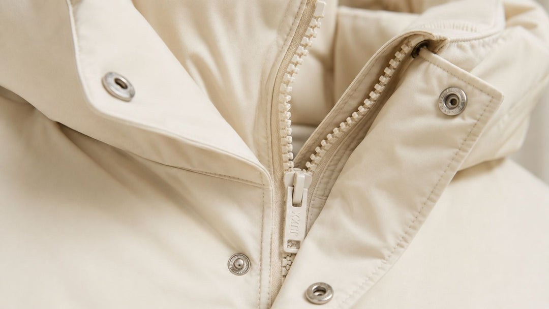Nahaufnahme einer cremefarbenen Steppjacke mit hohem Kragen, markantem Reißverschluss und Druckknöpfen. Die hochwertige Materialstruktur und die cleanen Details stehen im Fokus vor einem hellen Studiohintergrund.