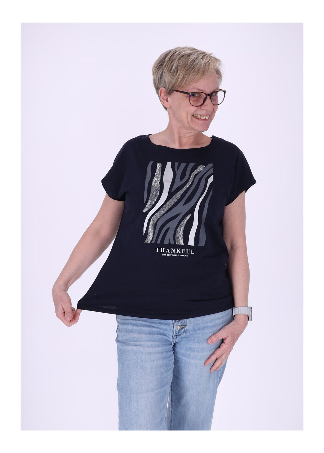 New View Damen T-Shirt Pailletten THANKFUL