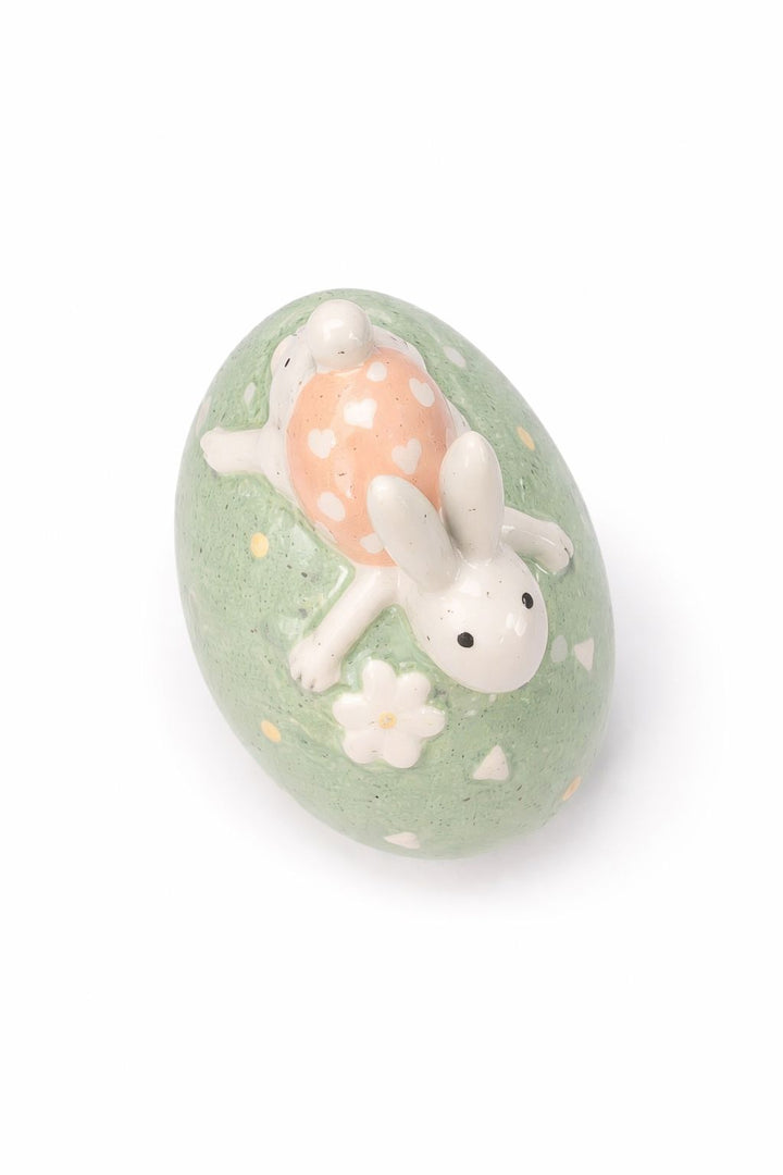 Holzwurm Hase auf Ei Keramik