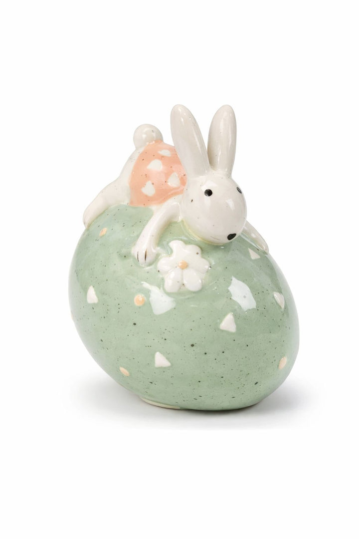 Holzwurm Hase auf Ei Keramik
