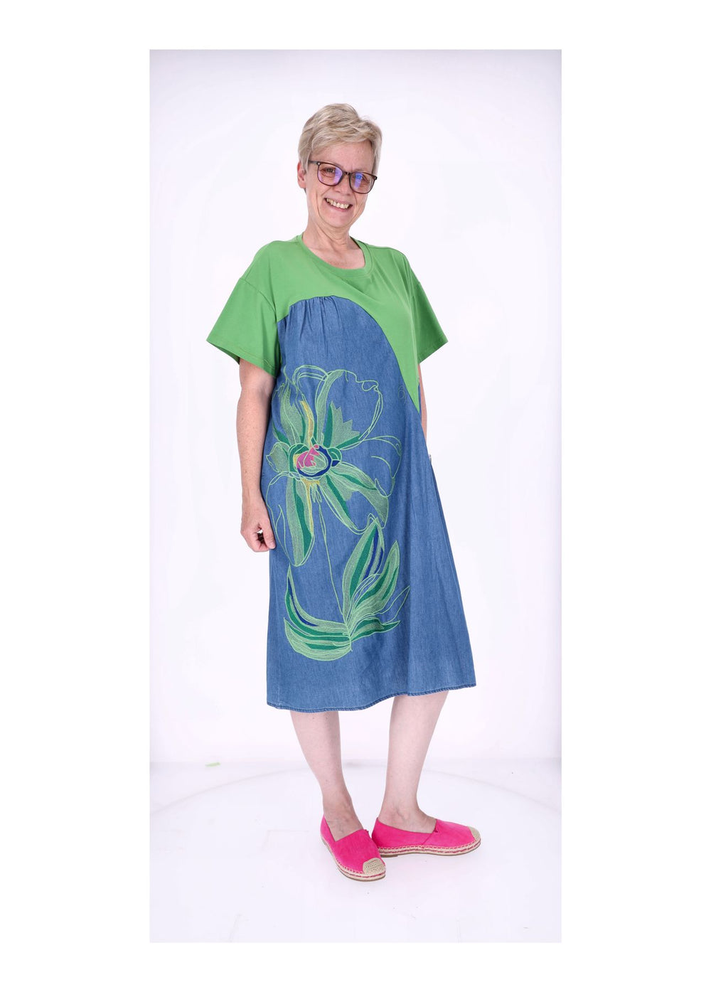 Kleid Materialmix 1/2 Arm Jeans und Jersey Stickerei