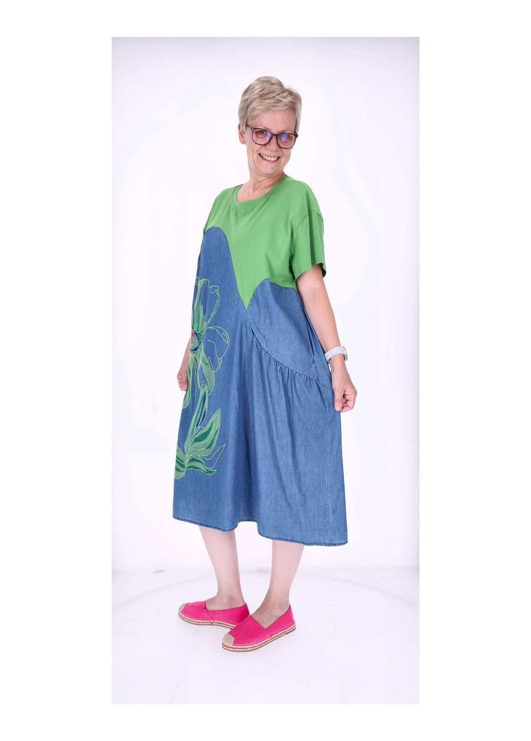 Kleid Materialmix 1/2 Arm Jeans und Jersey Stickerei
