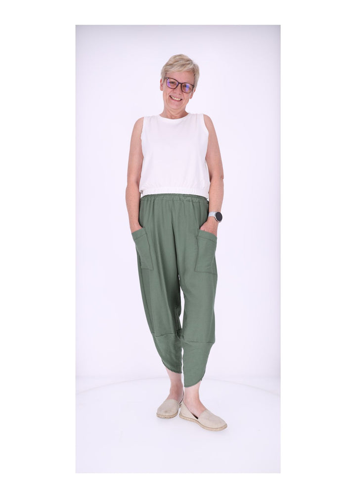 Schlupf Hose Damen aufgesetzte Taschen verkürzt