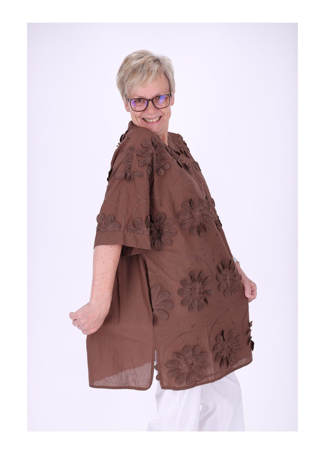 Longshirt Kragen V-Ausschnitt Blüten 3D