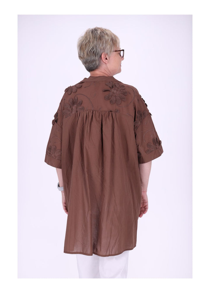 Longshirt Kragen V-Ausschnitt Blüten 3D