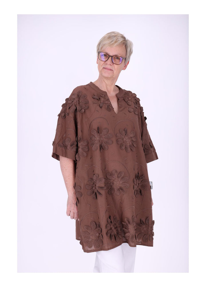Longshirt Kragen V-Ausschnitt Blüten 3D