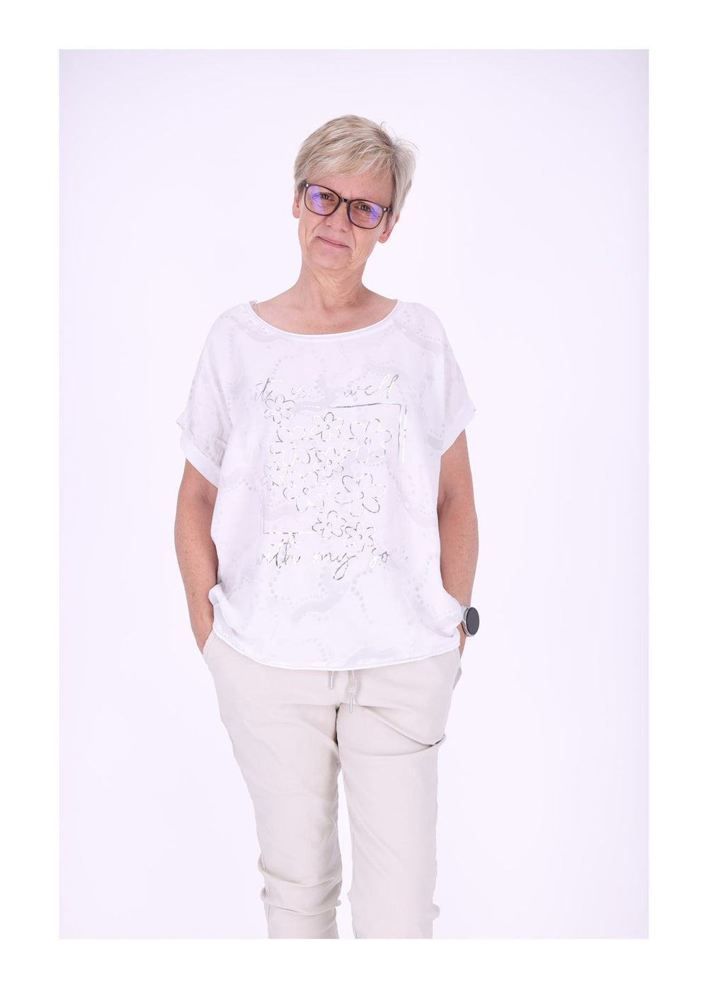 T-Shirt Damen Materialmix Print vorn