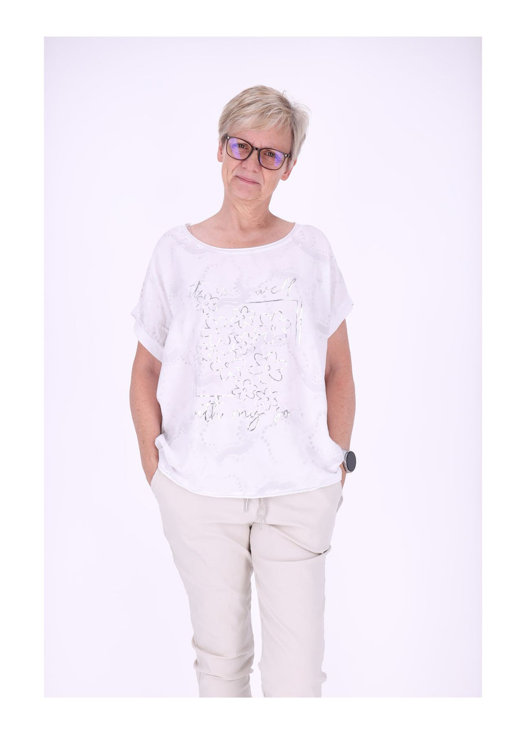T-Shirt Damen Materialmix Print vorn