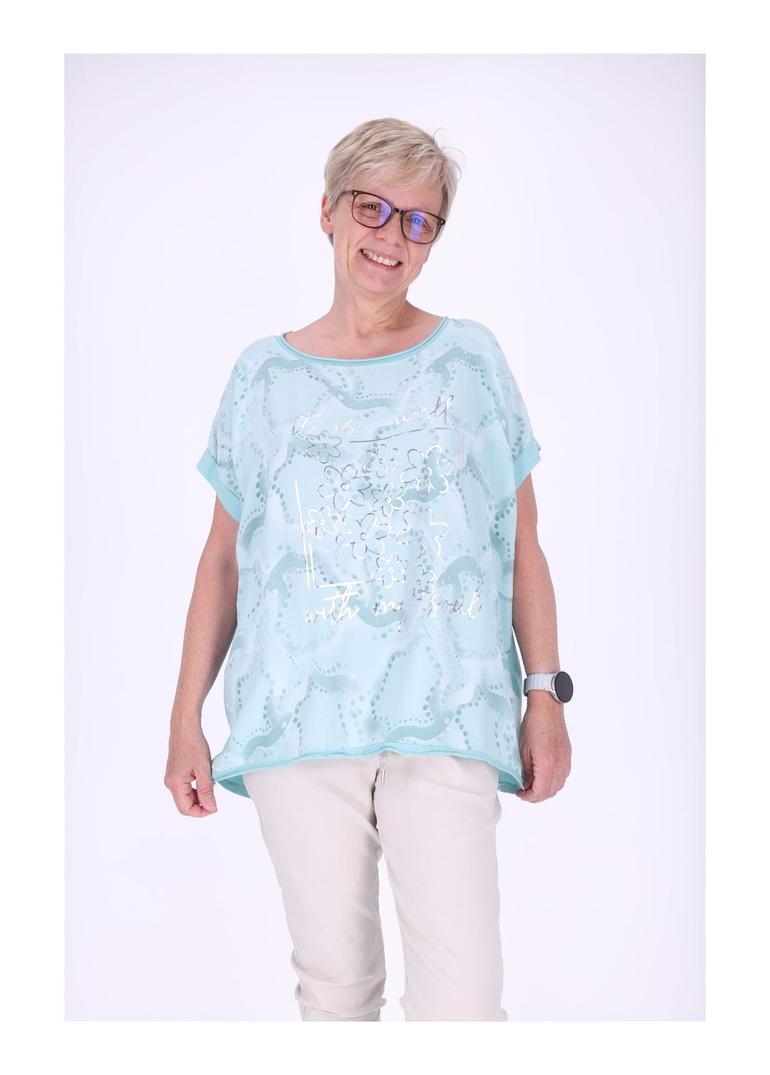 T-Shirt Damen Materialmix Print vorn