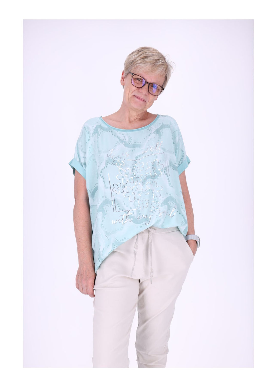 T-Shirt Damen Materialmix Print vorn