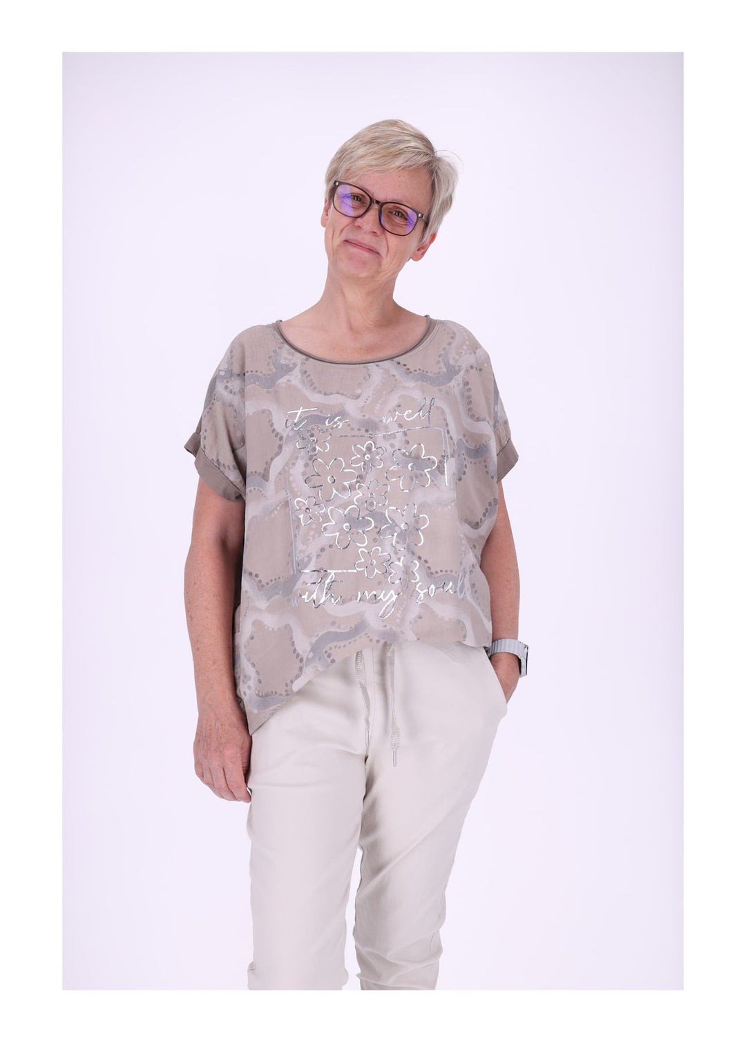 T-Shirt Damen Materialmix Print vorn