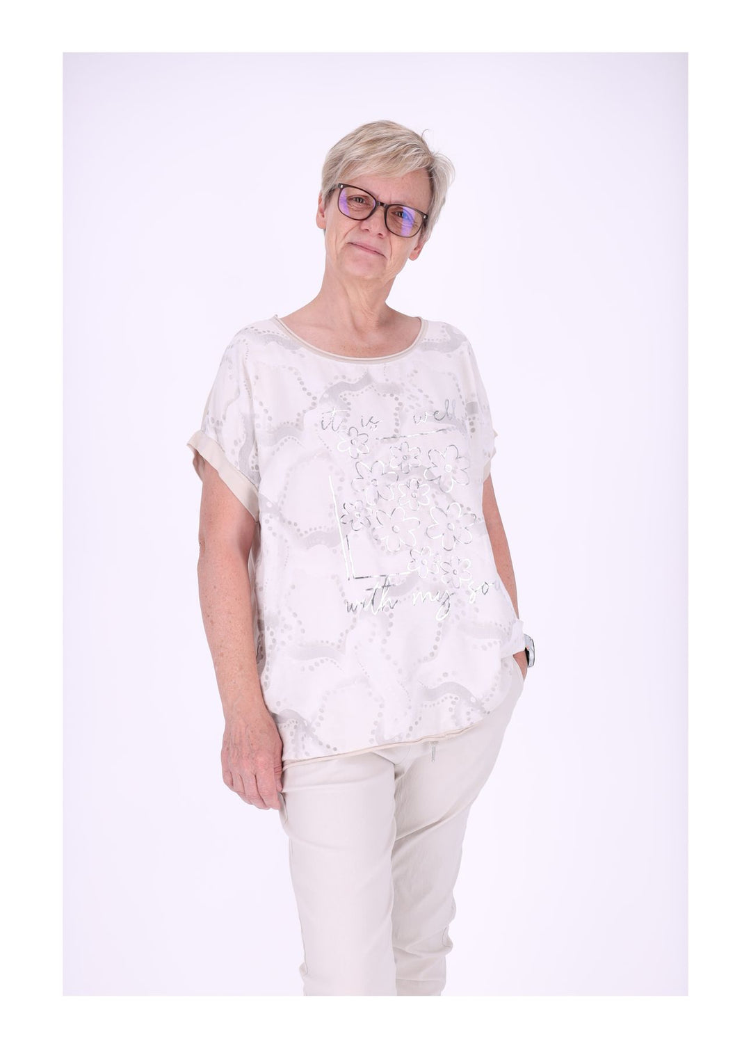 T-Shirt Damen Materialmix Print vorn