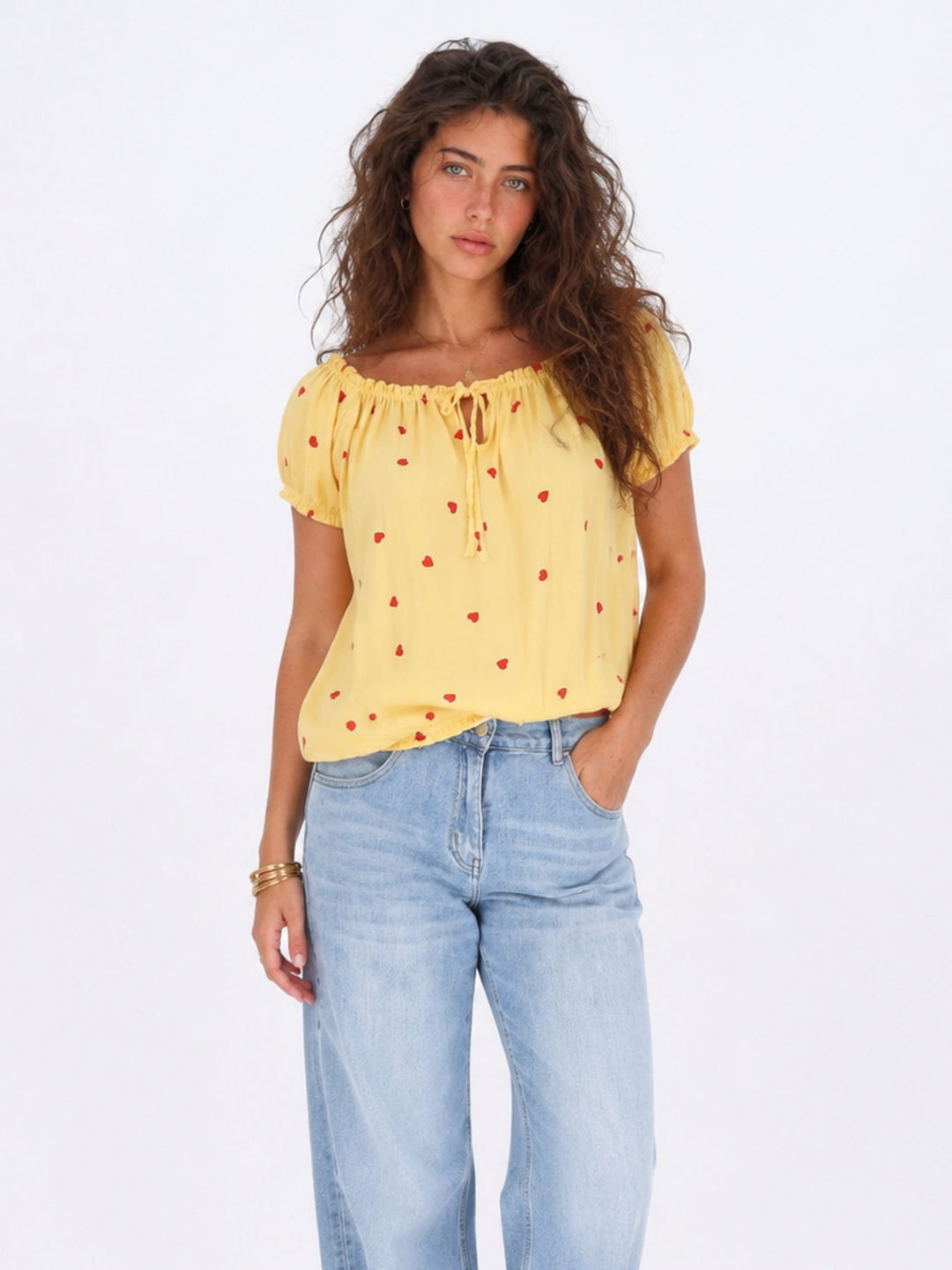 T.Shirt Damen Carmen AOP Herzen Gummizug am Bund