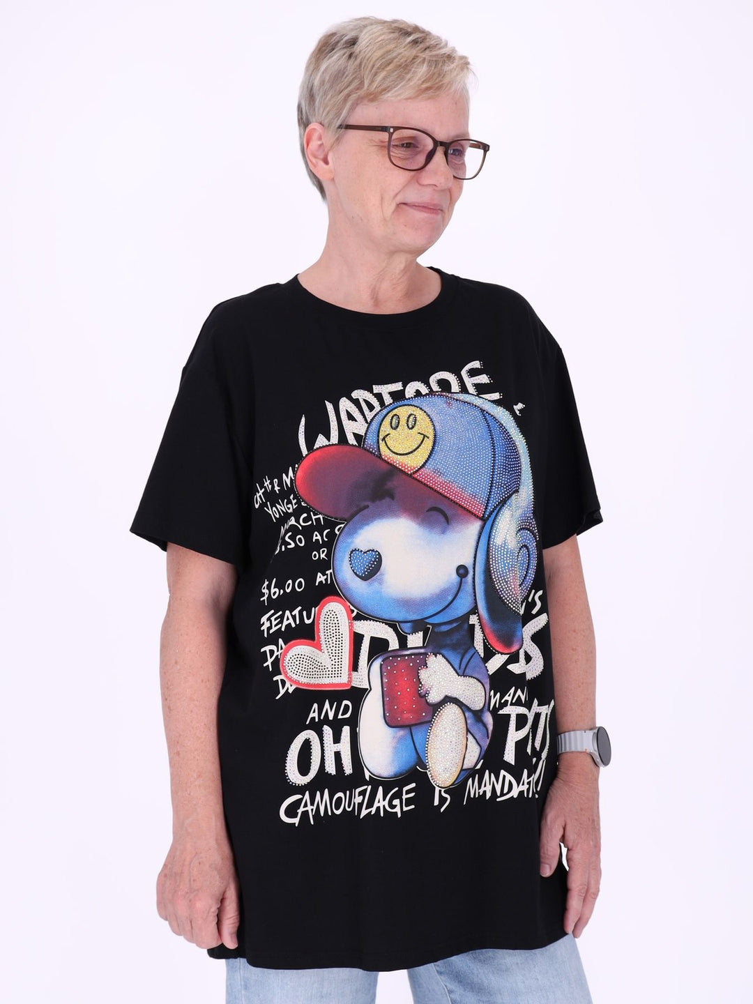 Longshirt Damen Print Snoopy Straßsteine