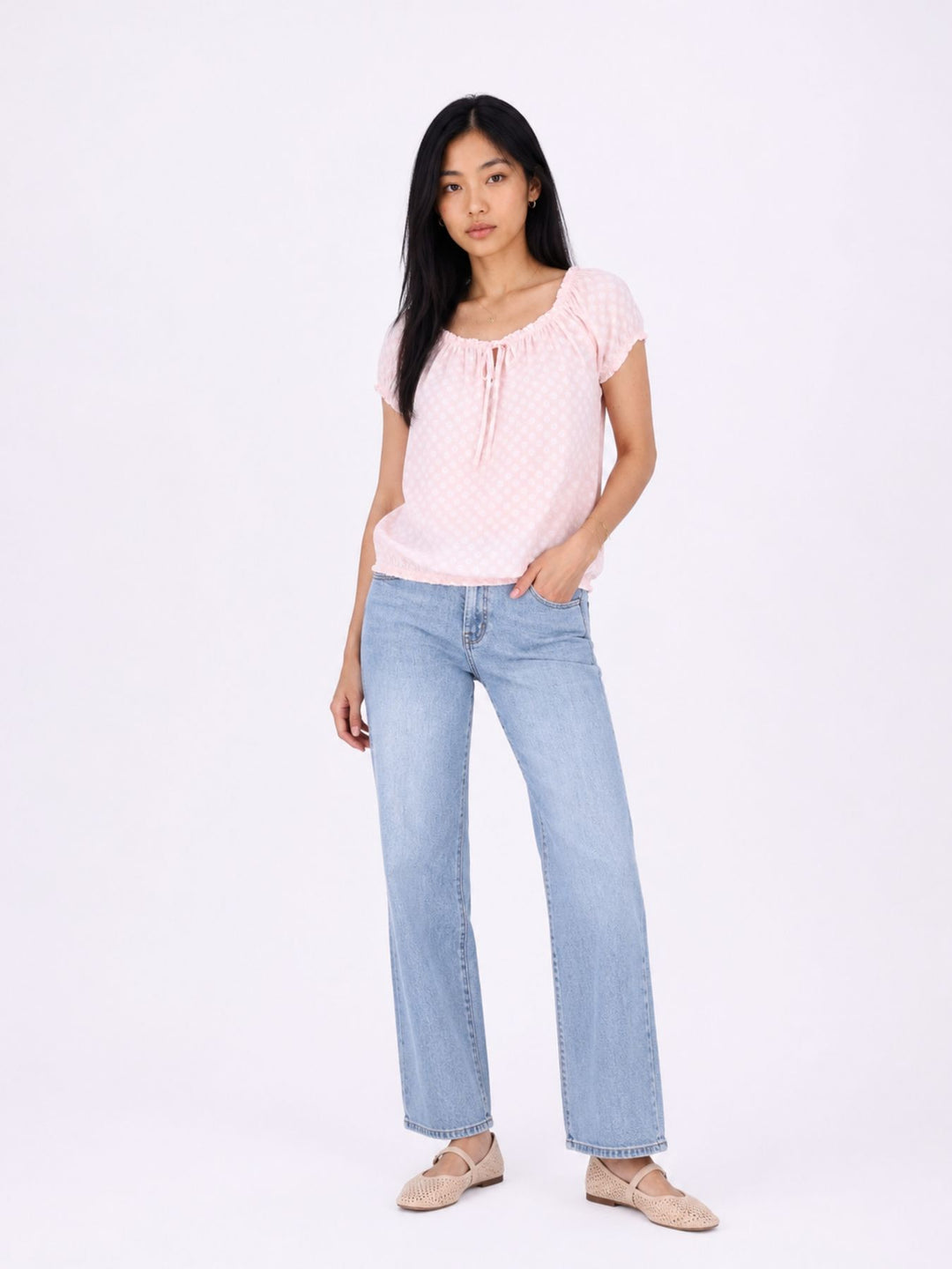 T-Shirt Damen Carmen AOP Kreise Gummizug am Bund
