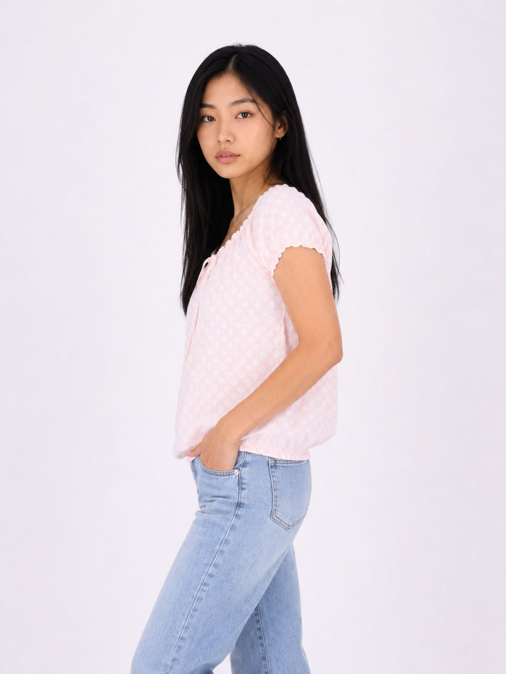 T-Shirt Damen Carmen AOP Kreise Gummizug am Bund