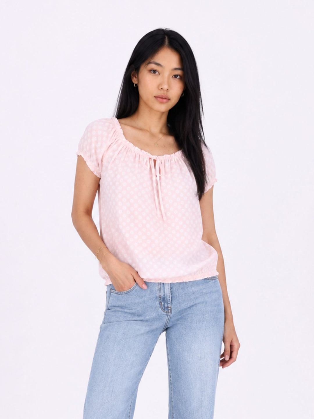 T-Shirt Damen Carmen AOP Kreise Gummizug am Bund