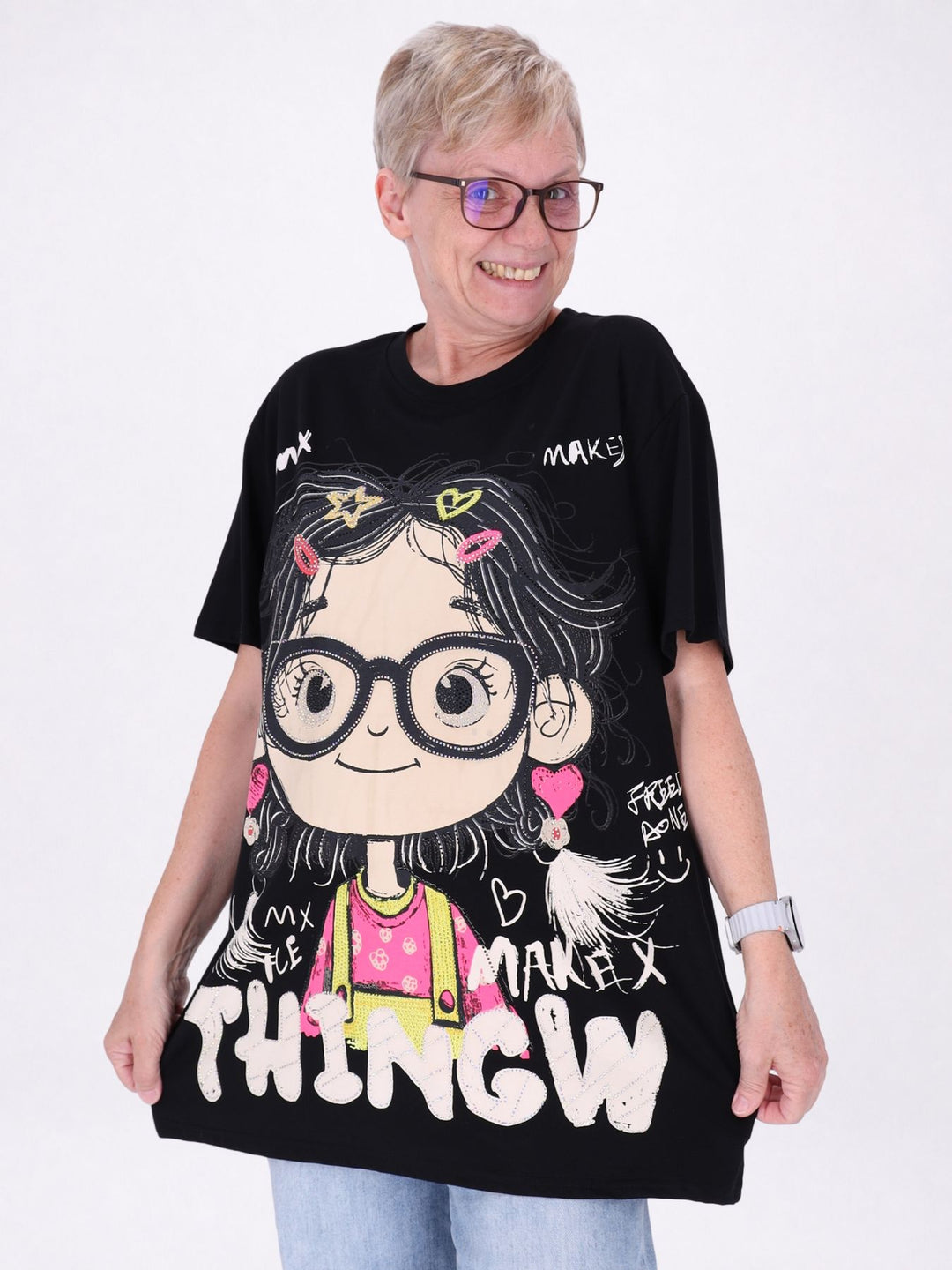 Longshirt Damen 1/2 Arm Manga Print und Straßsteine