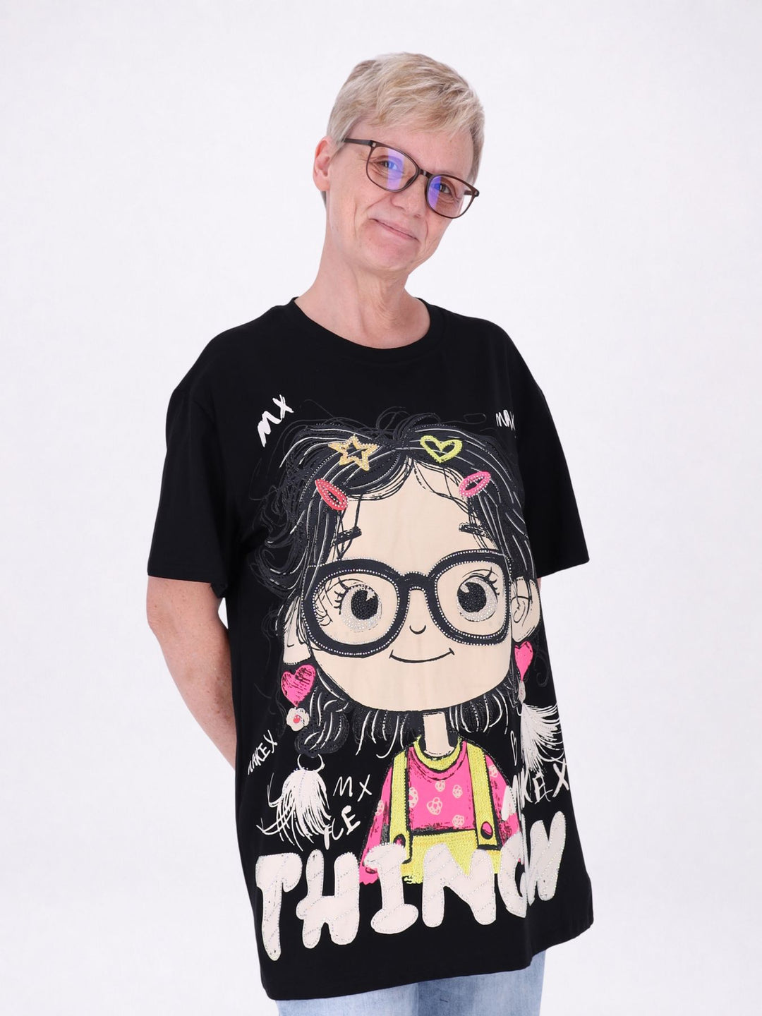 Longshirt Damen 1/2 Arm Manga Print und Straßsteine