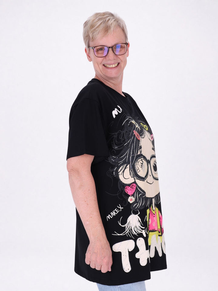Longshirt Damen 1/2 Arm Manga Print und Straßsteine