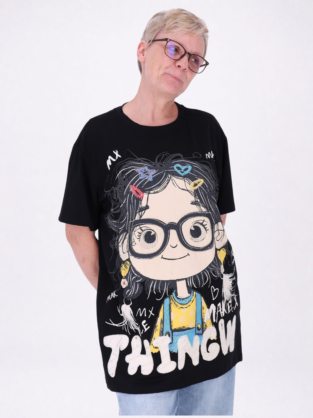Longshirt Damen 1/2 Arm Manga Print und Straßsteine