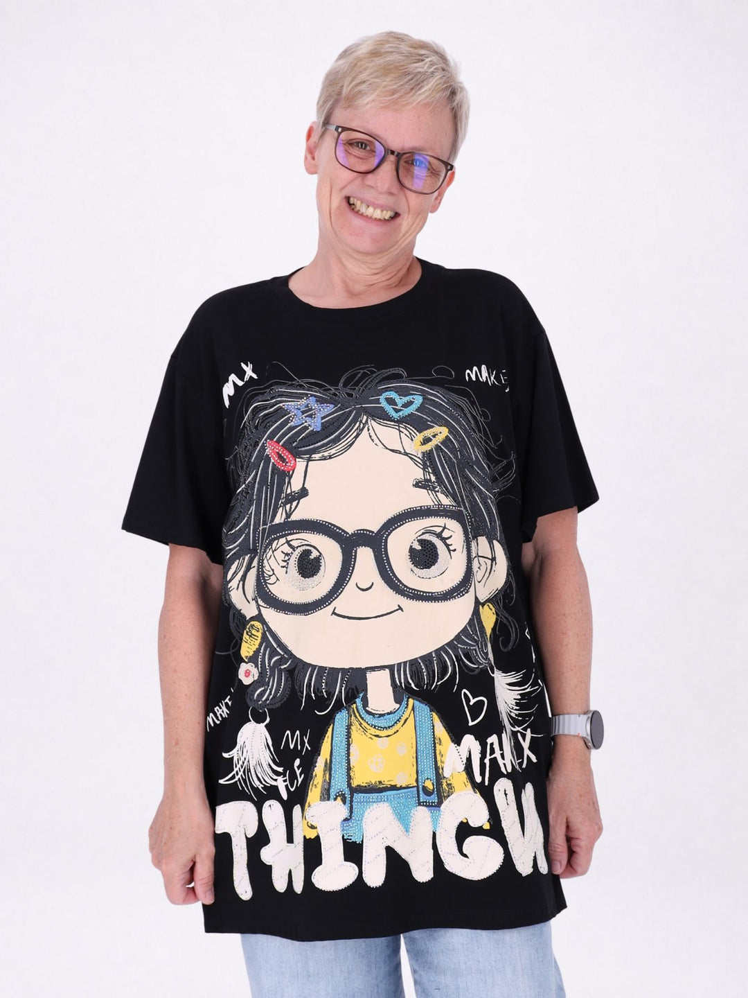 Longshirt Damen 1/2 Arm Manga Print und Straßsteine