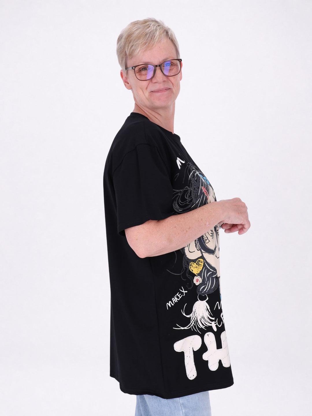 Longshirt Damen 1/2 Arm Manga Print und Straßsteine