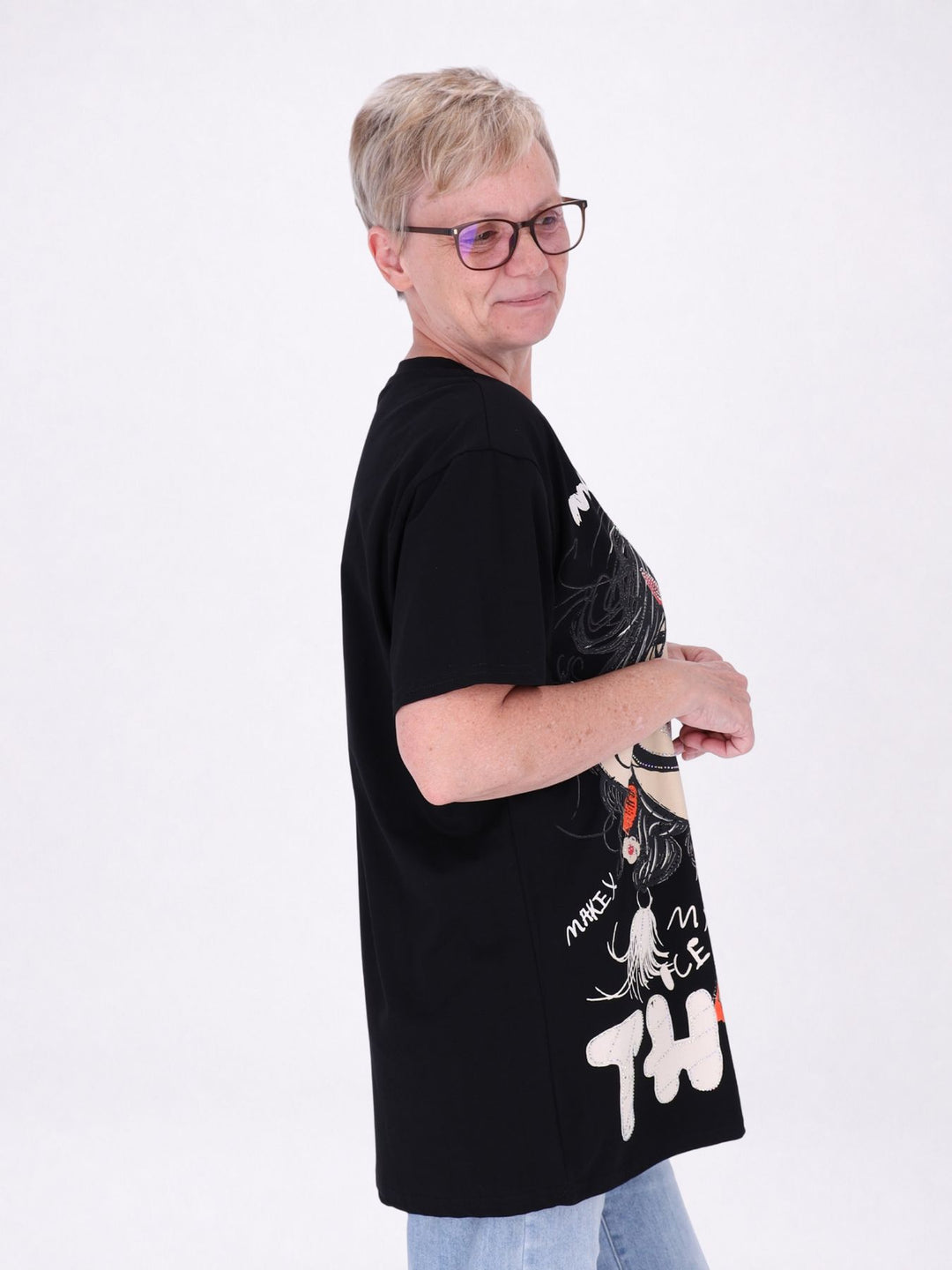 Longshirt Damen 1/2 Arm Manga Print und Straßsteine