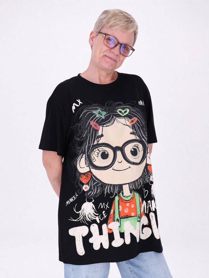 Longshirt Damen 1/2 Arm Manga Print und Straßsteine