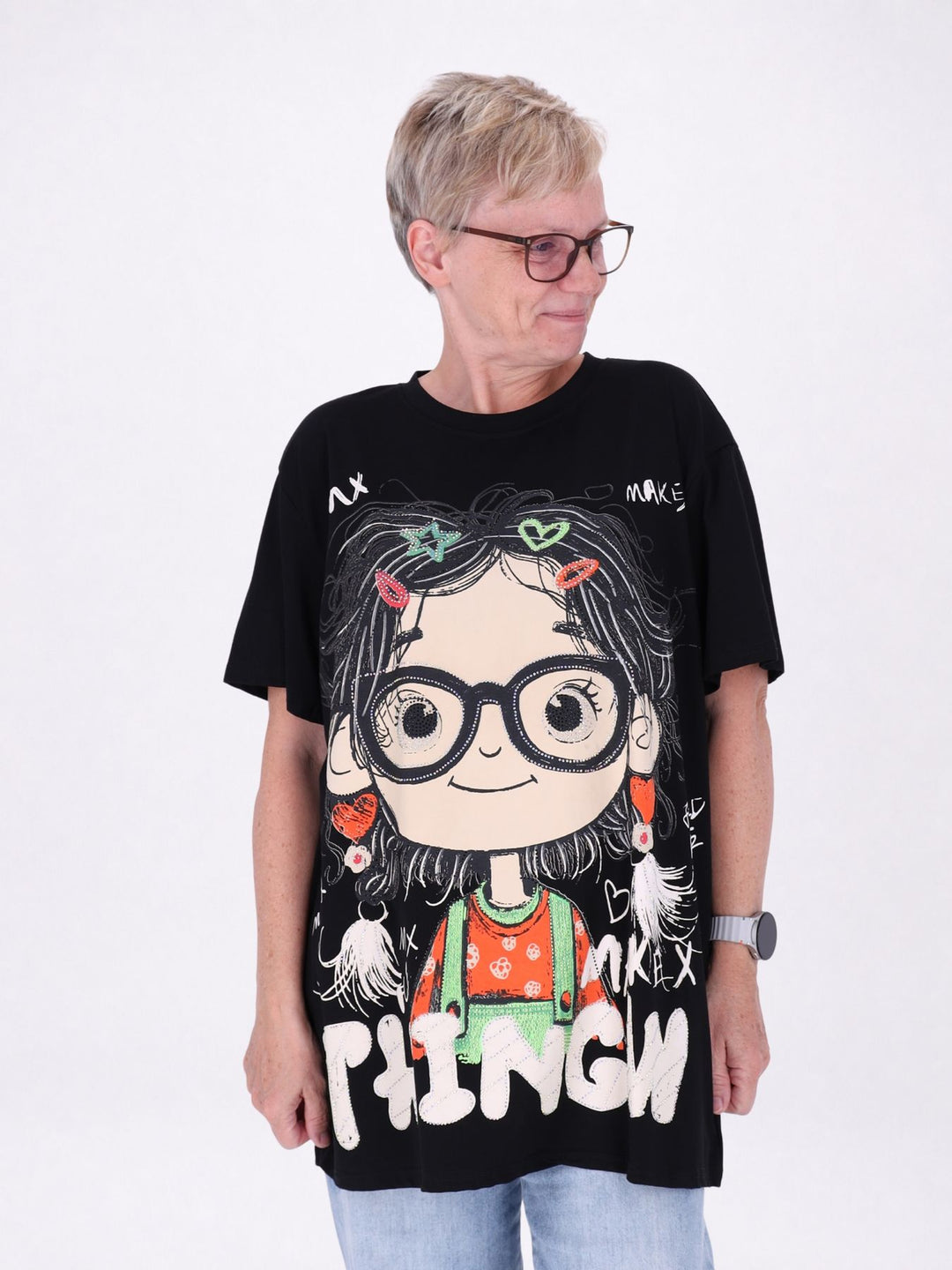 Longshirt Damen 1/2 Arm Manga Print und Straßsteine