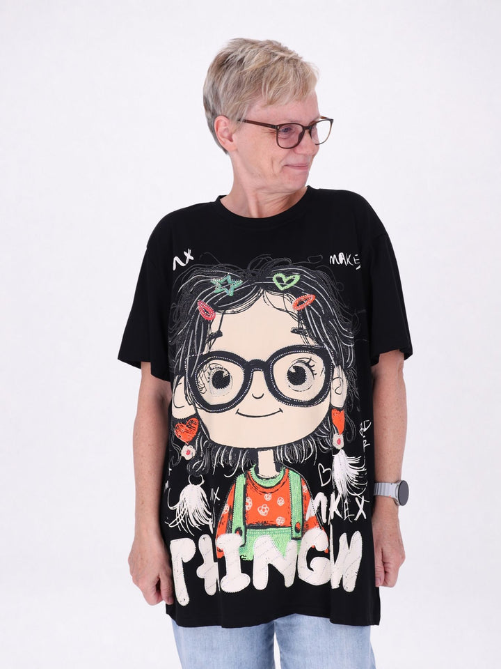 Longshirt Damen 1/2 Arm Manga Print und Straßsteine