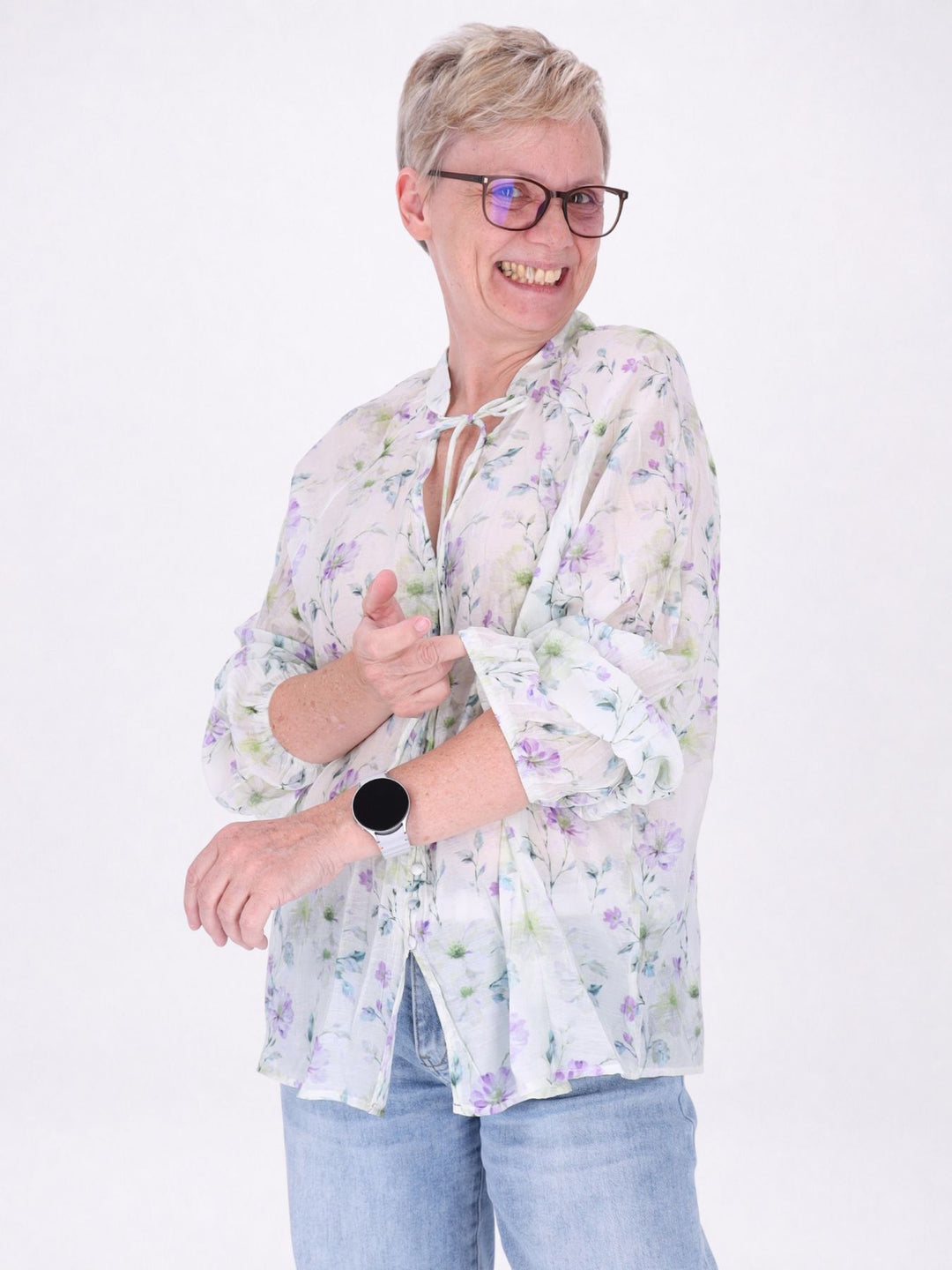 Bluse Damen Ärmelbund Gummizug kleine Knöpfe verschiedene AOP