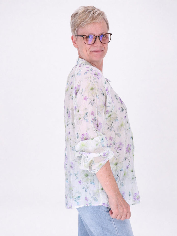 Bluse Damen Ärmelbund Gummizug kleine Knöpfe verschiedene AOP