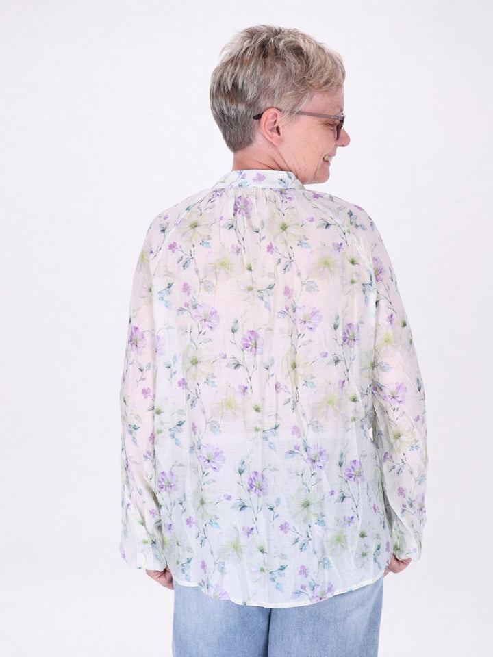 Bluse Damen Ärmelbund Gummizug kleine Knöpfe verschiedene AOP