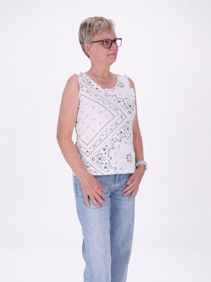 Top Damen breite Träger Rüschen AOP