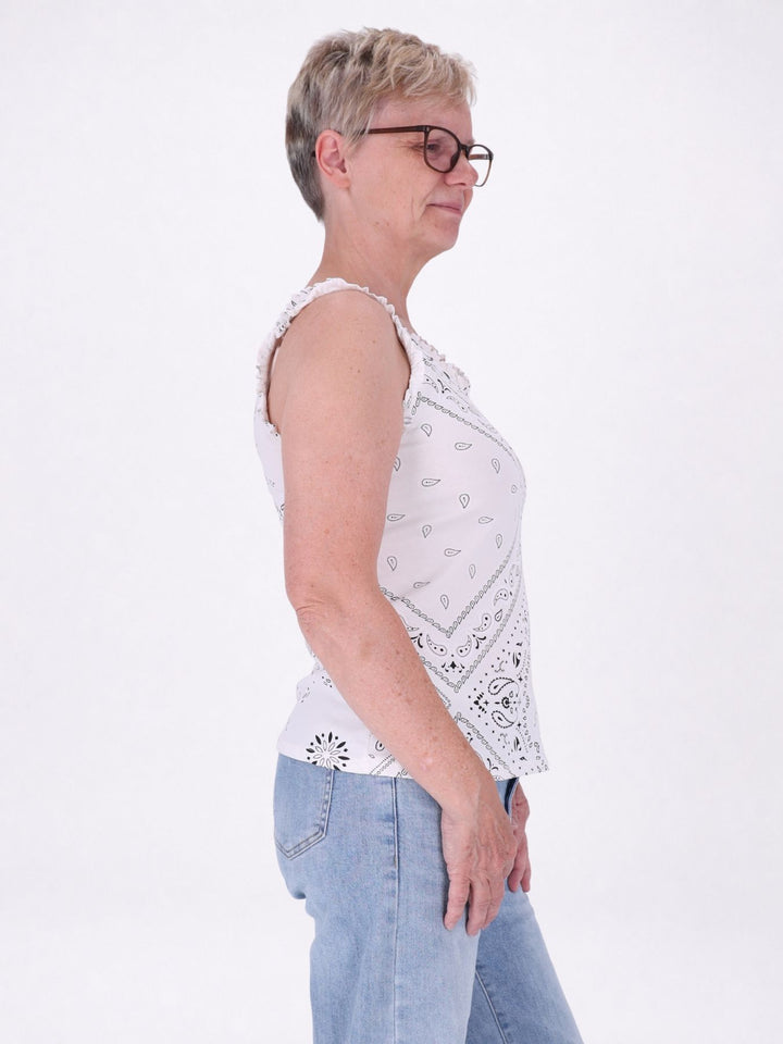Top Damen breite Träger Rüschen AOP
