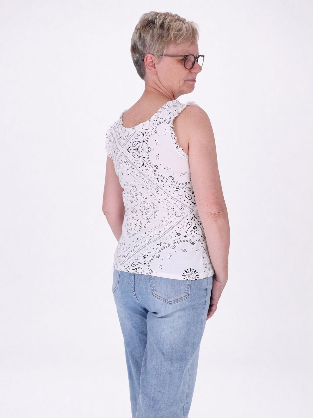 Top Damen breite Träger Rüschen AOP