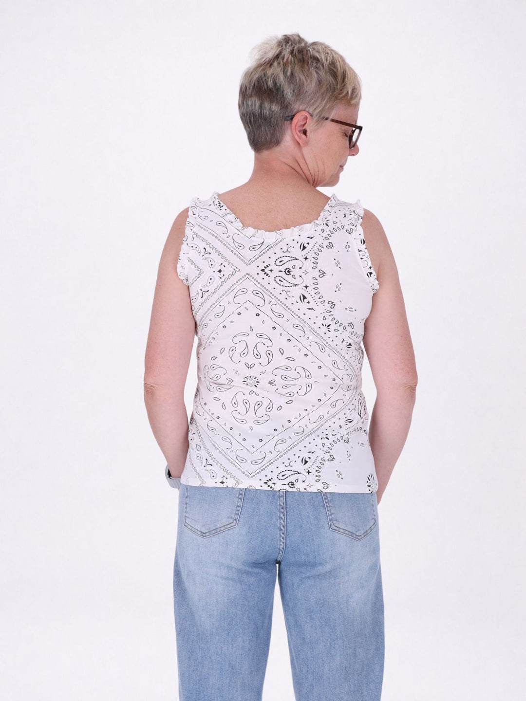 Top Damen breite Träger Rüschen AOP