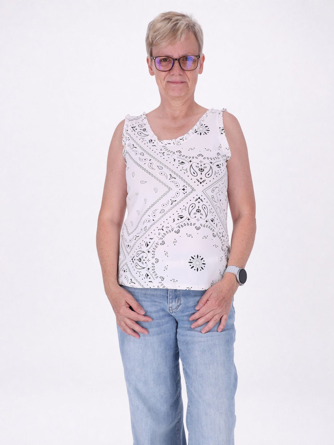 Top Damen breite Träger Rüschen AOP
