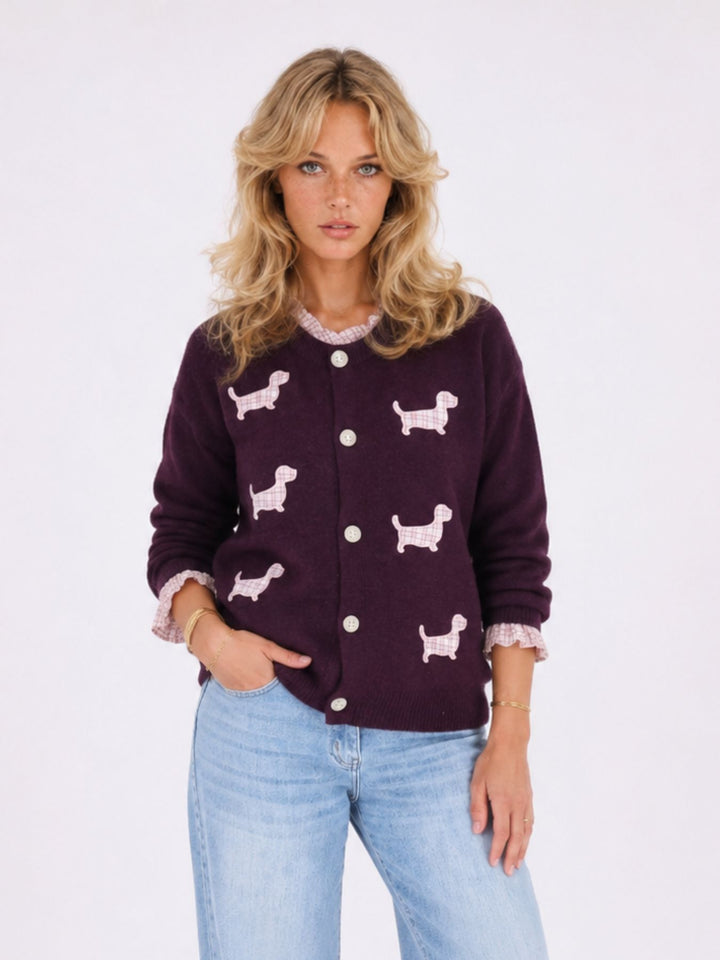 Strickjacke Damen Applikation Dackel Rüschen
