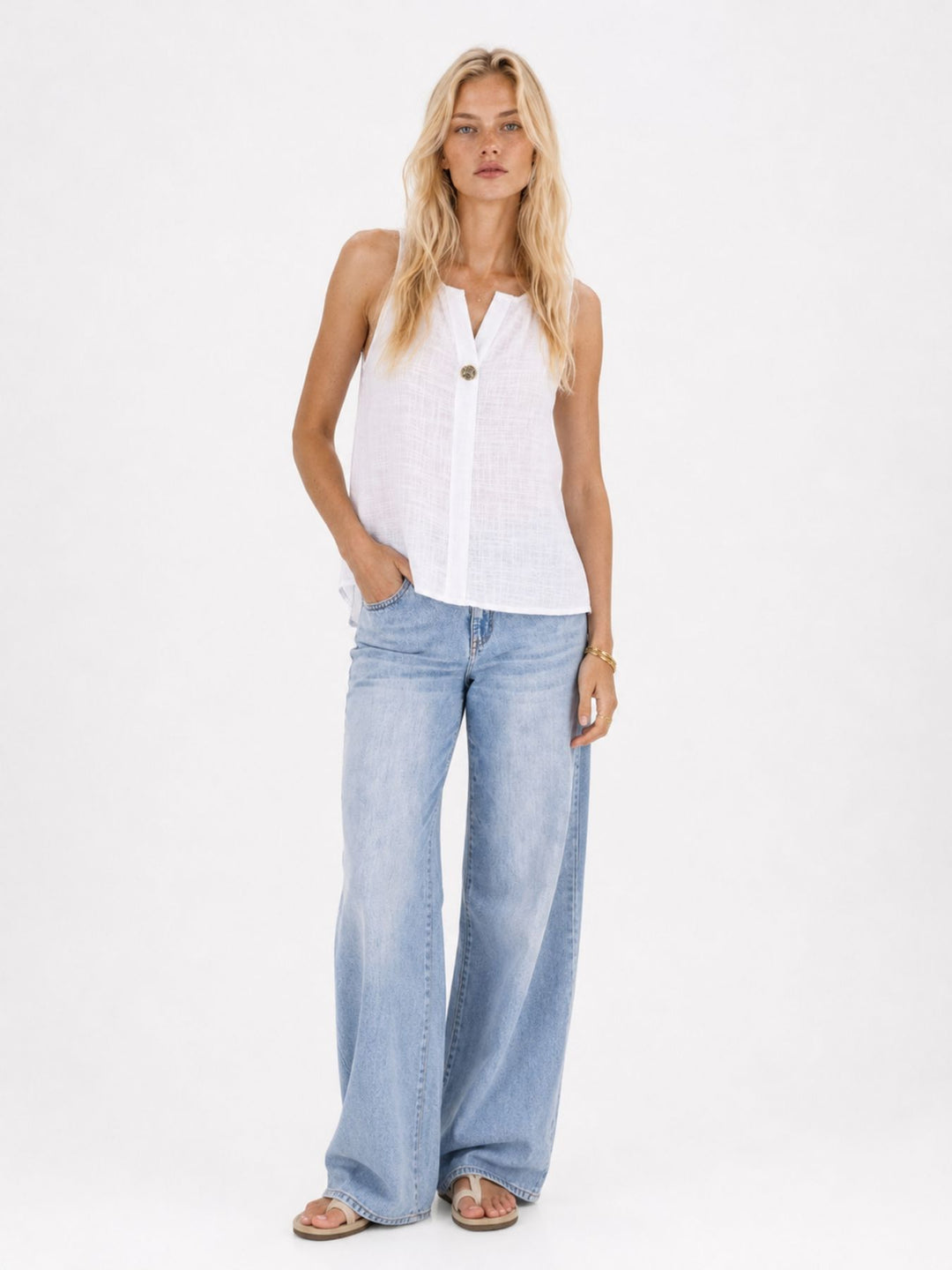 Top Damen Leinenmix Knopf