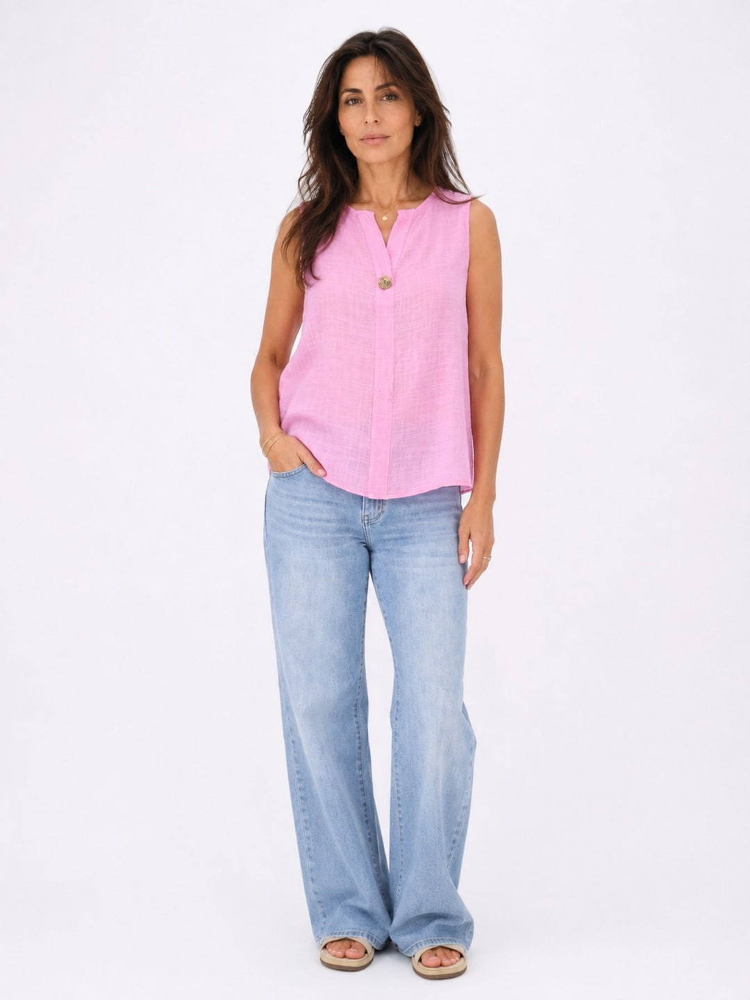 Top Damen Leinenmix Knopf