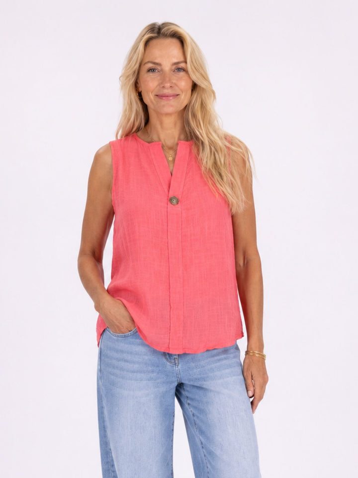 Top Damen Leinenmix Knopf
