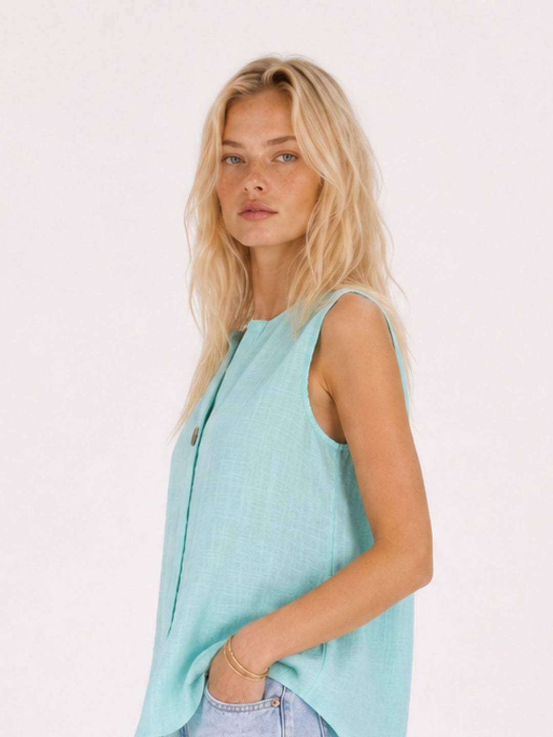 Top Damen Leinenmix Knopf