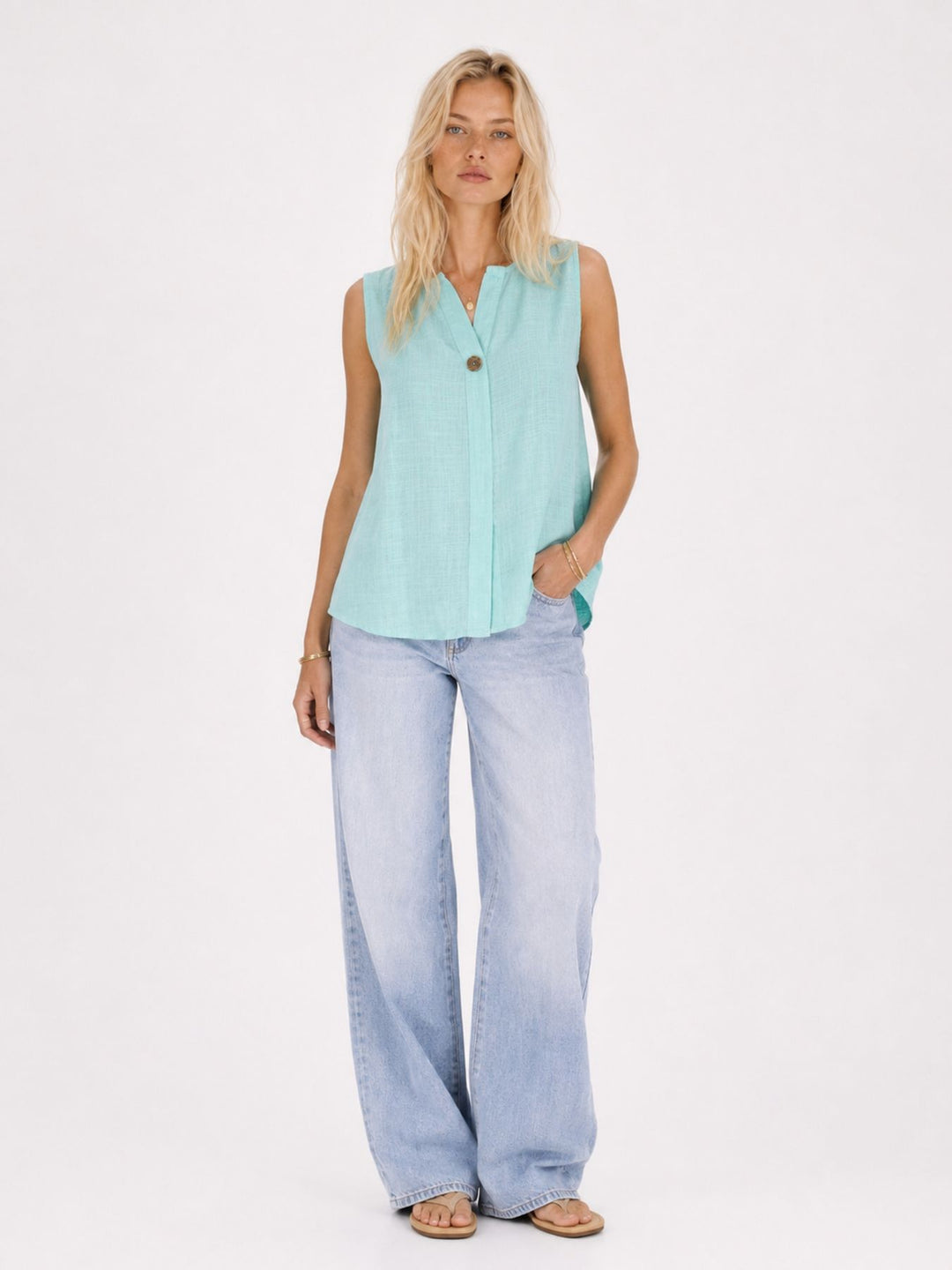 Top Damen Leinenmix Knopf
