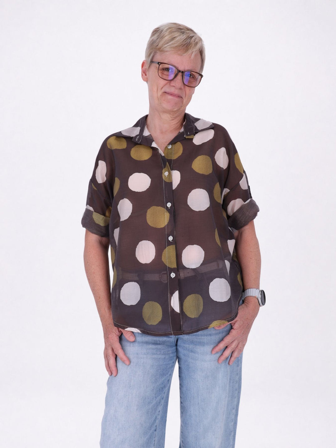 Bluse Damen Kurzarm Krempelbar leichte Qualität AOP
