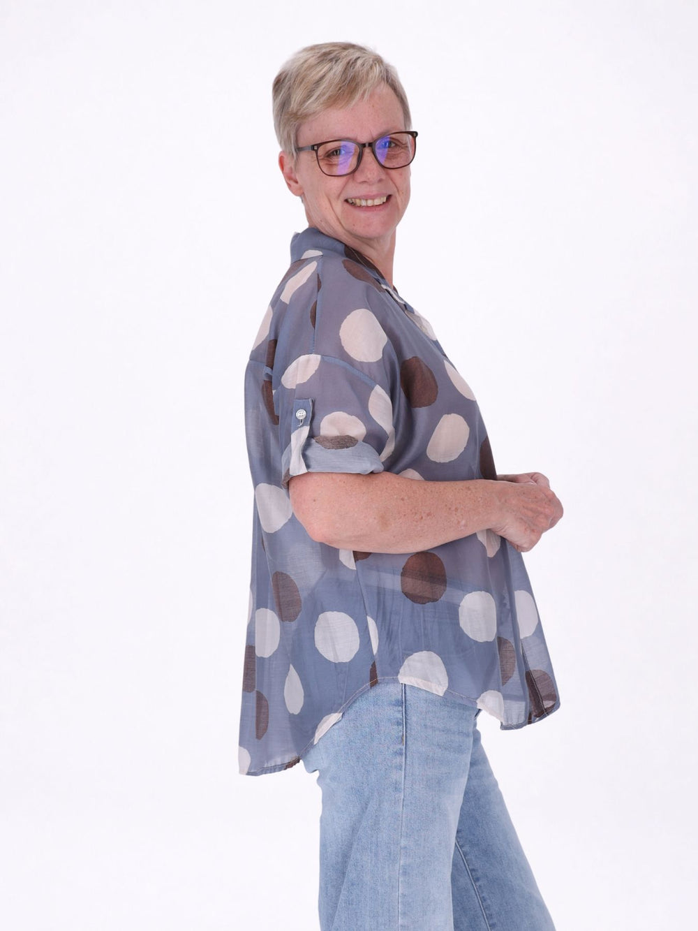 Bluse Damen Kurzarm Krempelbar leichte Qualität AOP