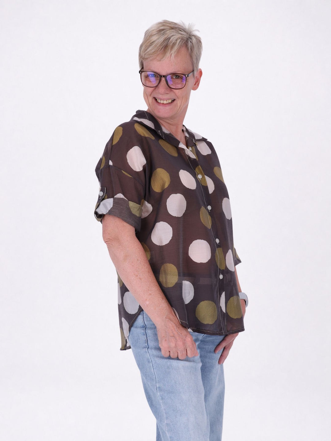 Bluse Damen Kurzarm Krempelbar leichte Qualität AOP