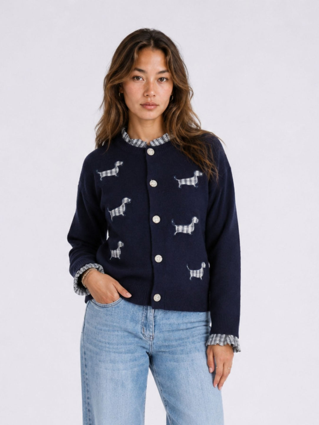 Strickjacke Damen Applikation Dackel Rüschen