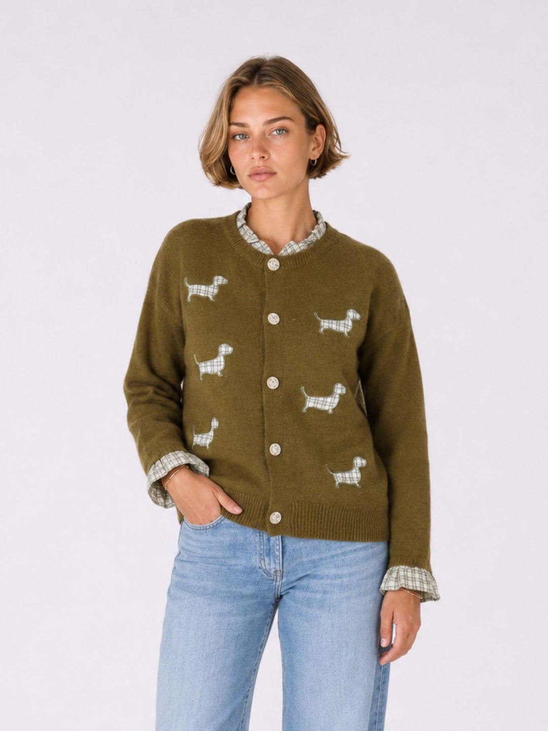 Strickjacke Damen Applikation Dackel Rüschen